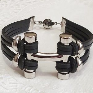 Modernist bracelet handcrafted bracelet, black leather and stainless steel 8.5"